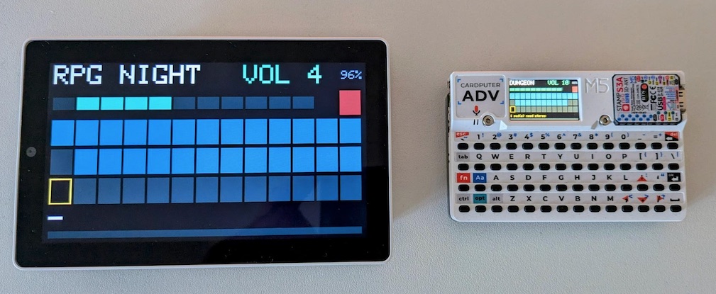 An M5Stack Tab5 and a Cardputer ADV side by side, both running the sampler